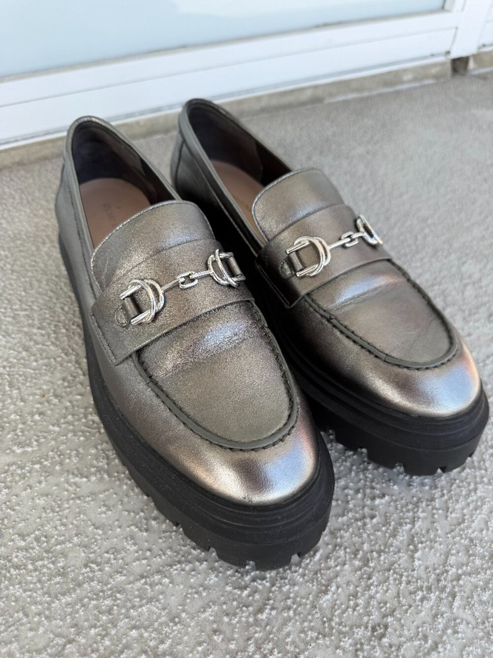 Pre-Loved Stuart Weitzman Gunmetal Leather Chunky Loafer with Bit Detail